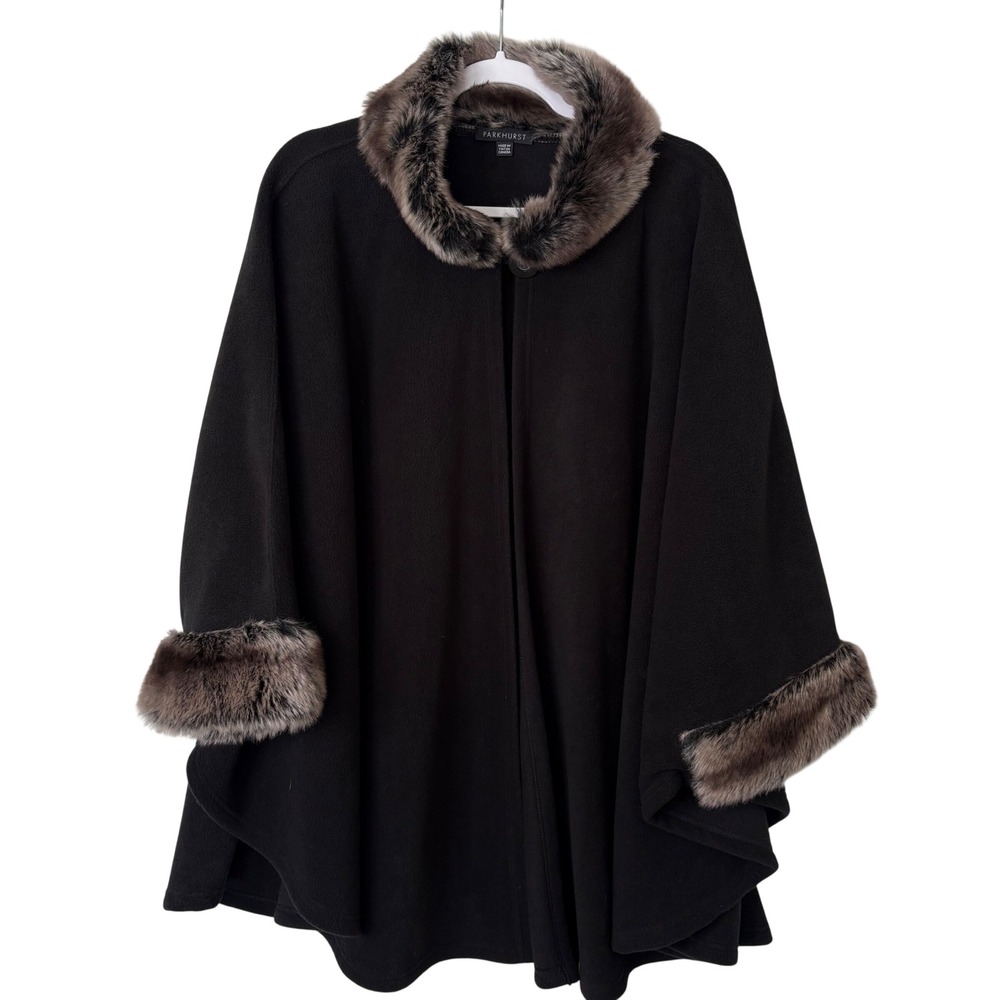Parkhurst Faux Fur Cape Coat Black Fleece OS Mob Wife Old Hollywood Glam Luxury